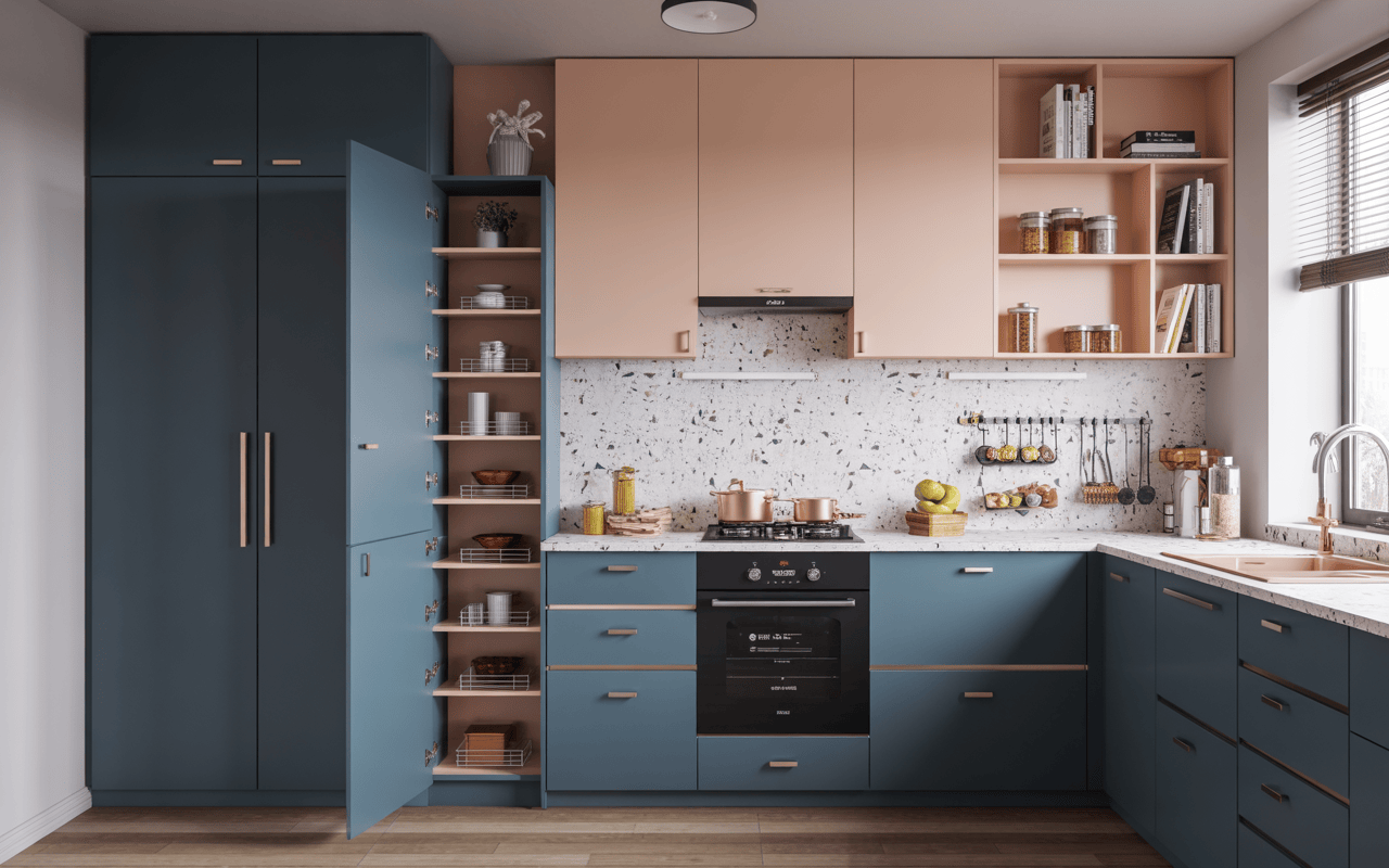 Stylish kitchen room design with pastel blue and peach cabinets