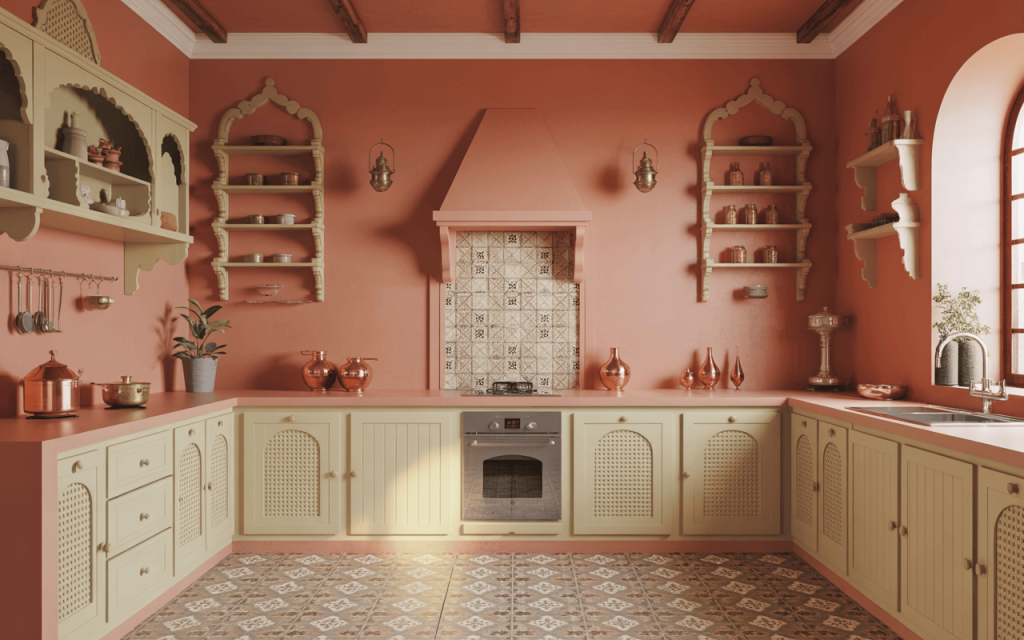 Traditional kitchen room design with vintage Indian aesthetics