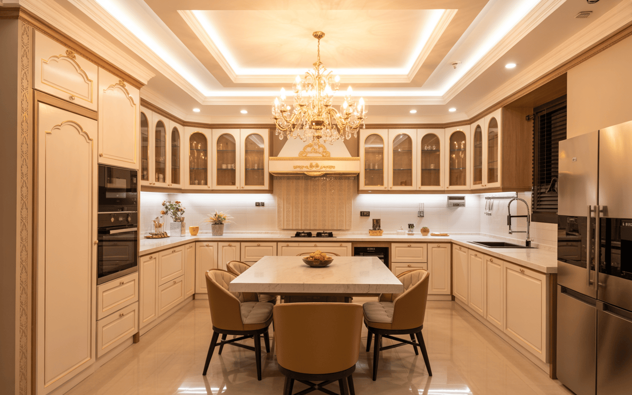 Classic kitchen POP design with chandelier lighting and ornate white modular cabinetry