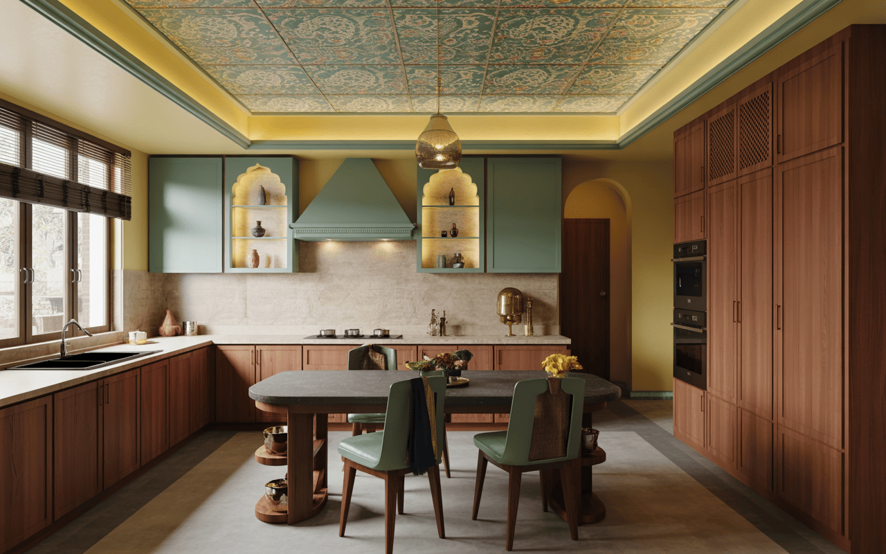 Traditional kitchen POP design with ornate ceiling patterns and Indian-style cabinetry
