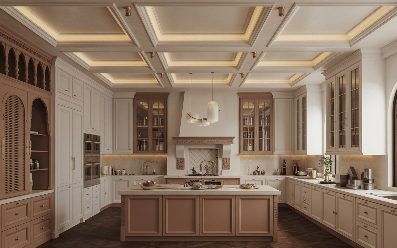 Coffered kitchen POP design with classic wood finishes and ambient tray lighting details