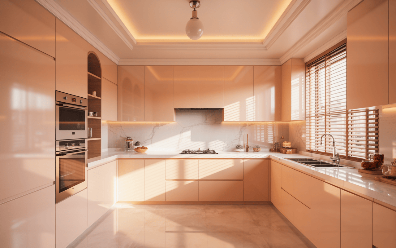 Luxurious kitchen POP design featuring warm lighting and glossy peach-toned cabinets