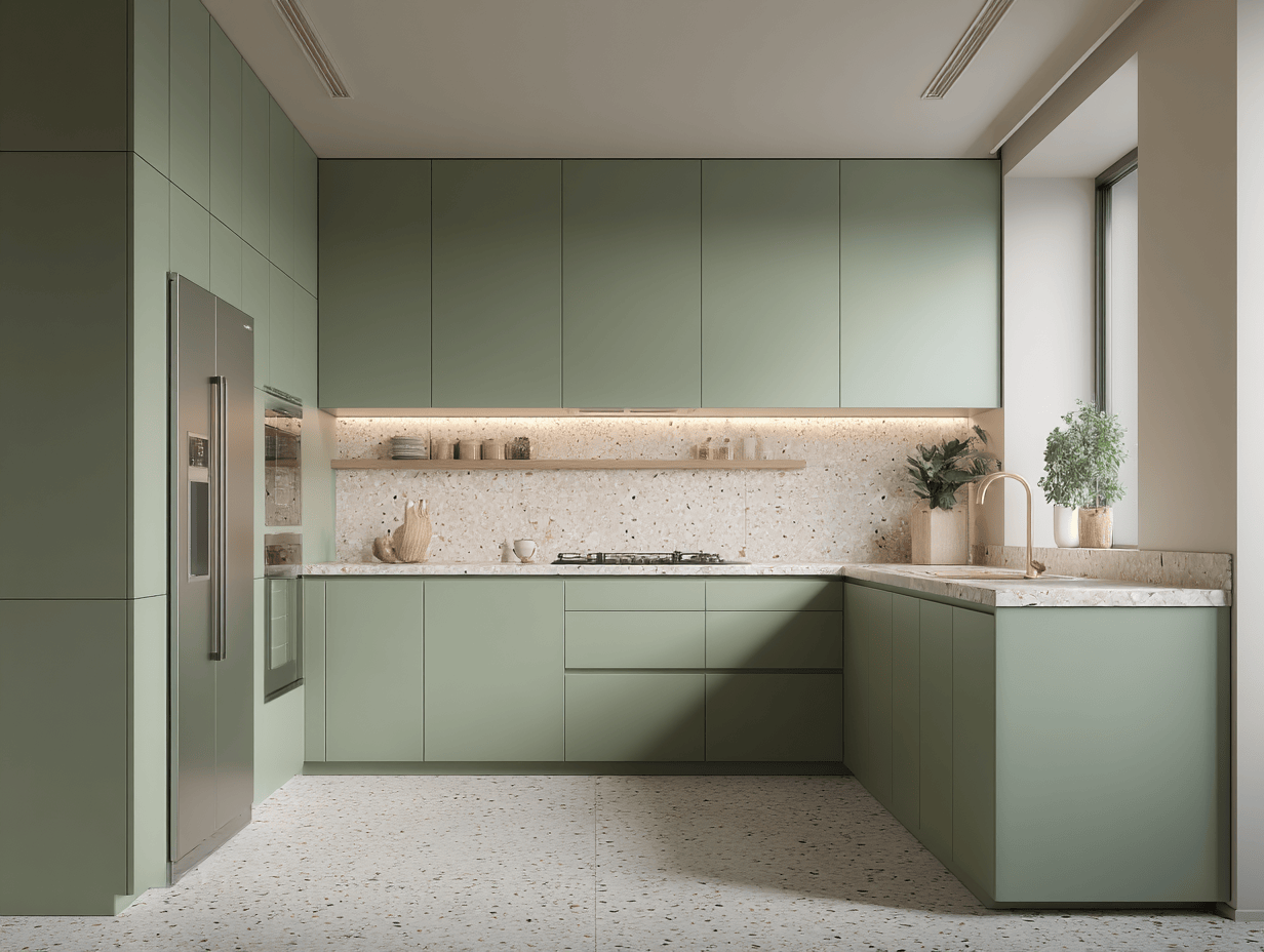Minimalist kitchen POP design with terrazzo textures and soft green modern cabinetry