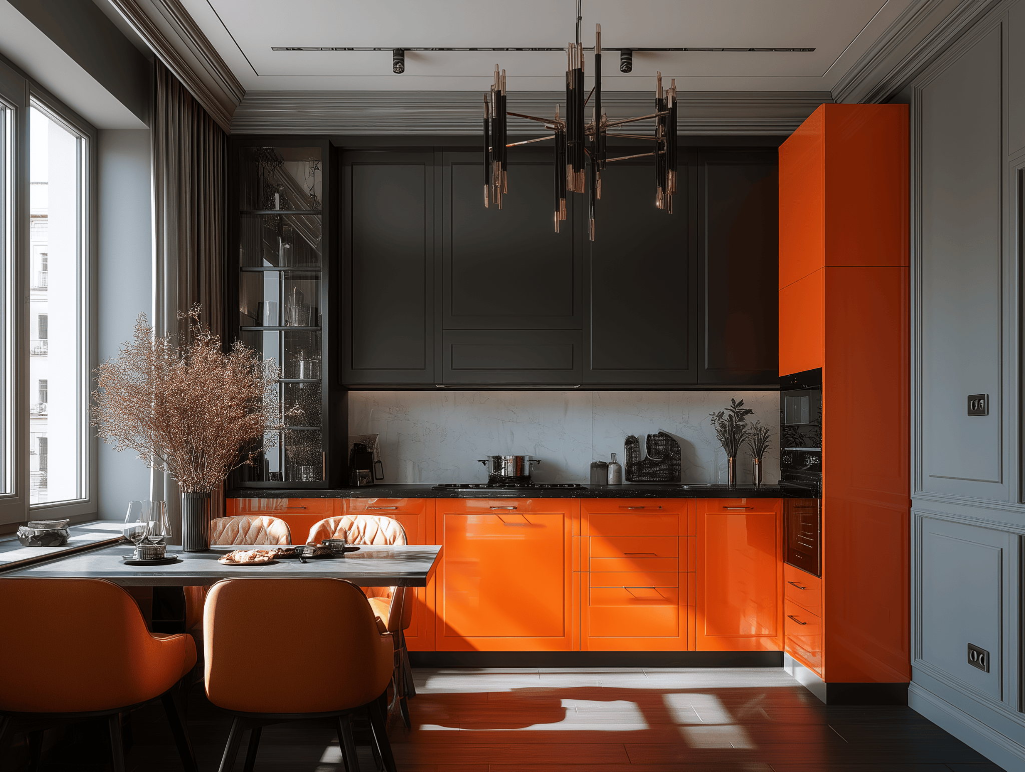 Bold kitchen POP design with glossy orange cabinets and modern black ceiling touches