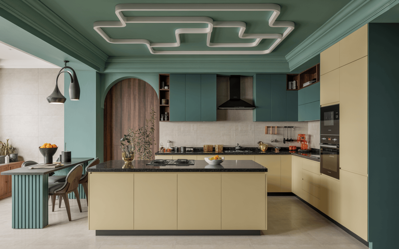 Geometric kitchen POP design with bold ceiling elements and dual-tone cabinetry style