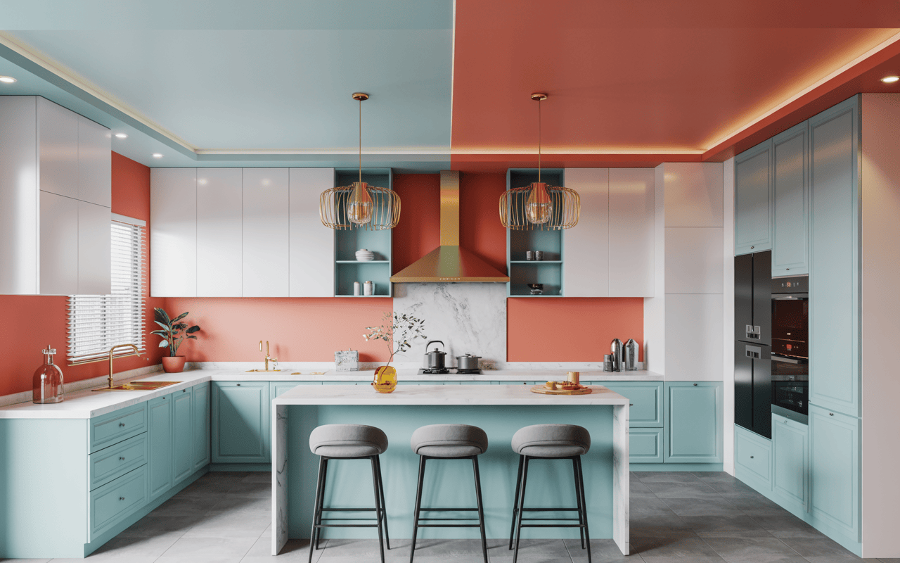 Vibrant kitchen POP design with dual-toned ceiling and pastel modern modular layout
