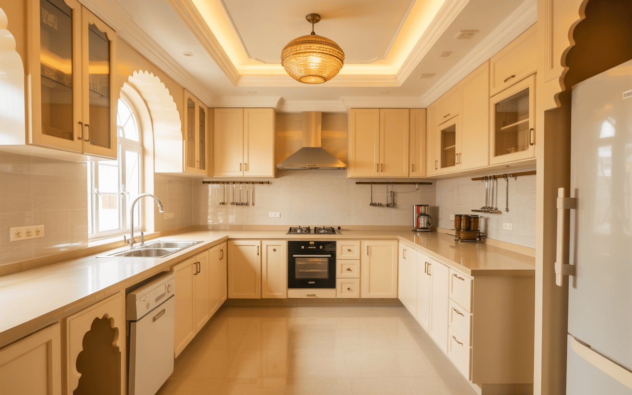 Elegant kitchen POP design in ivory tones with soft lighting and traditional arches