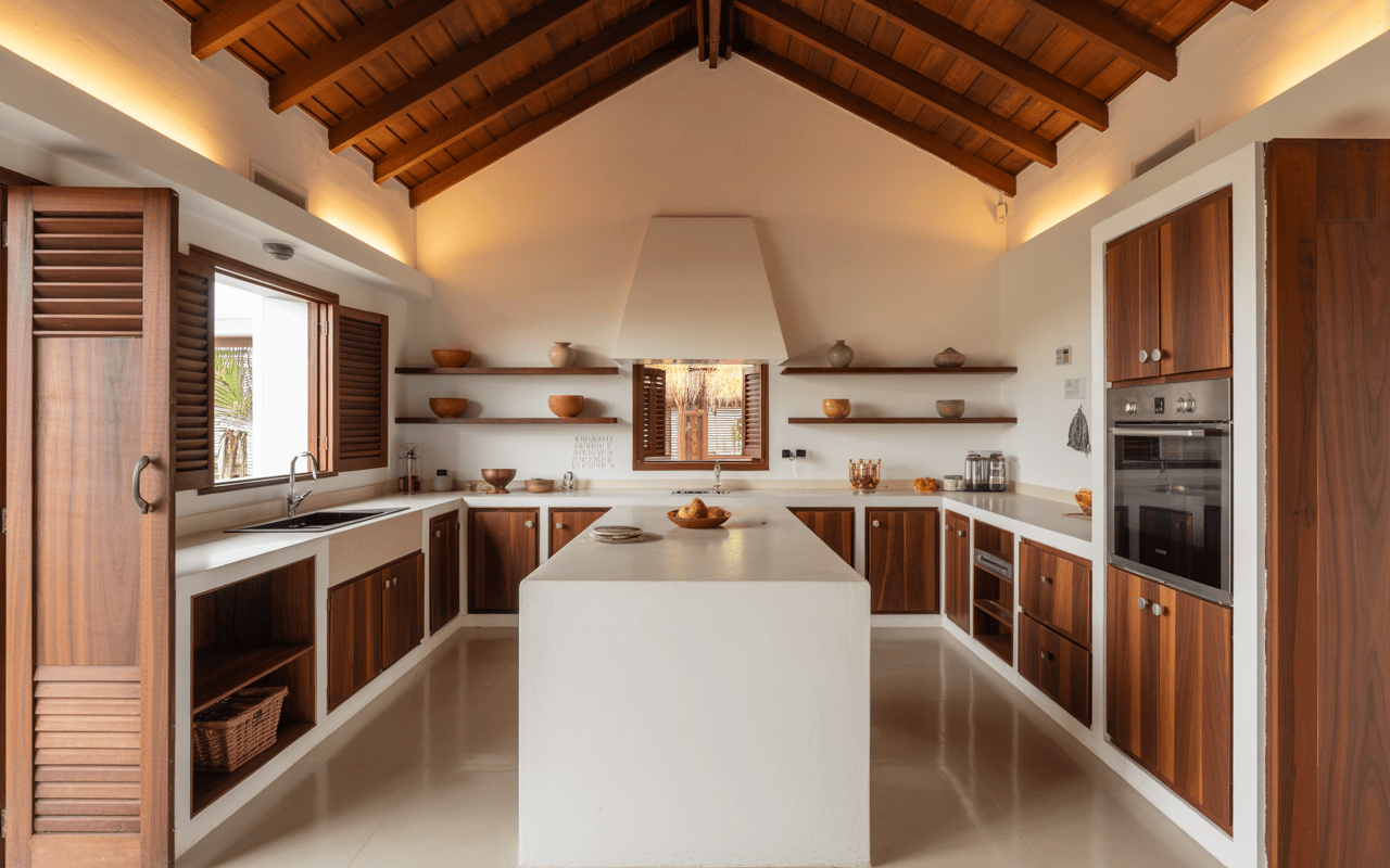 Rustic kitchen POP design with wooden tones and exposed sloped ceiling architecture