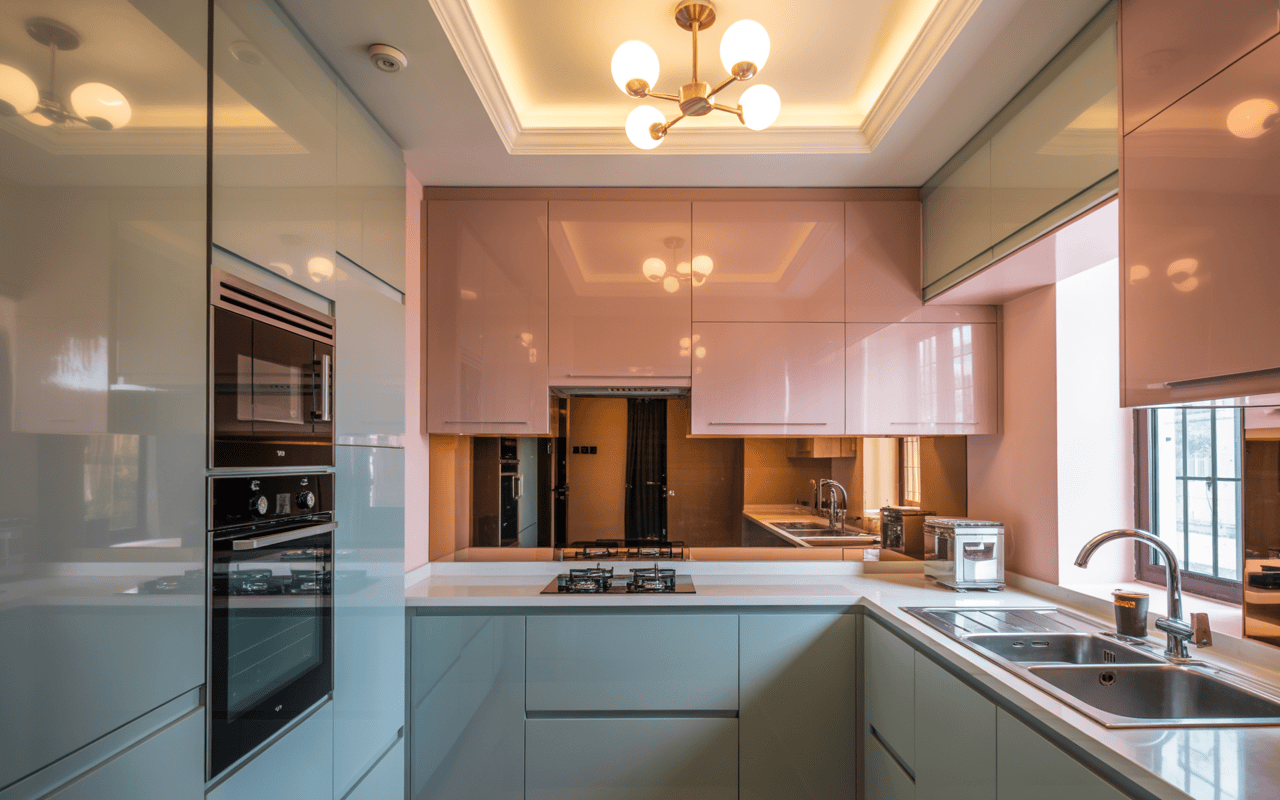 Glossy kitchen POP design in soft pink and grey with recessed ceiling lighting setup