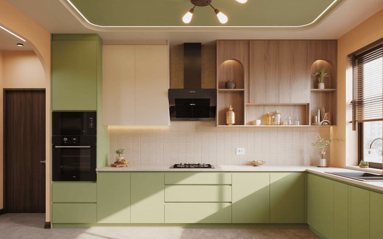 Compact kitchen POP design with sage green cabinets and soft curved ceiling lights