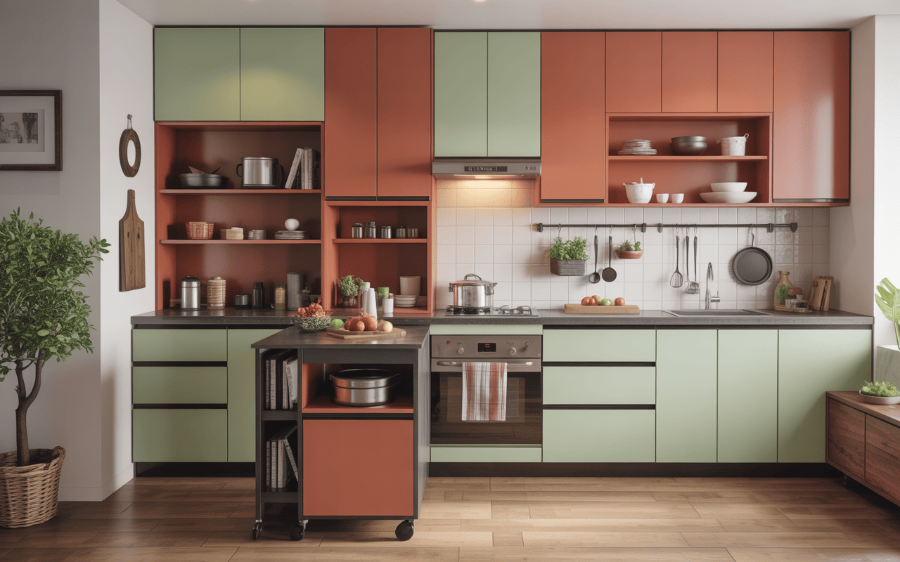Two-tone small kitchen design with green and terracotta open storage units