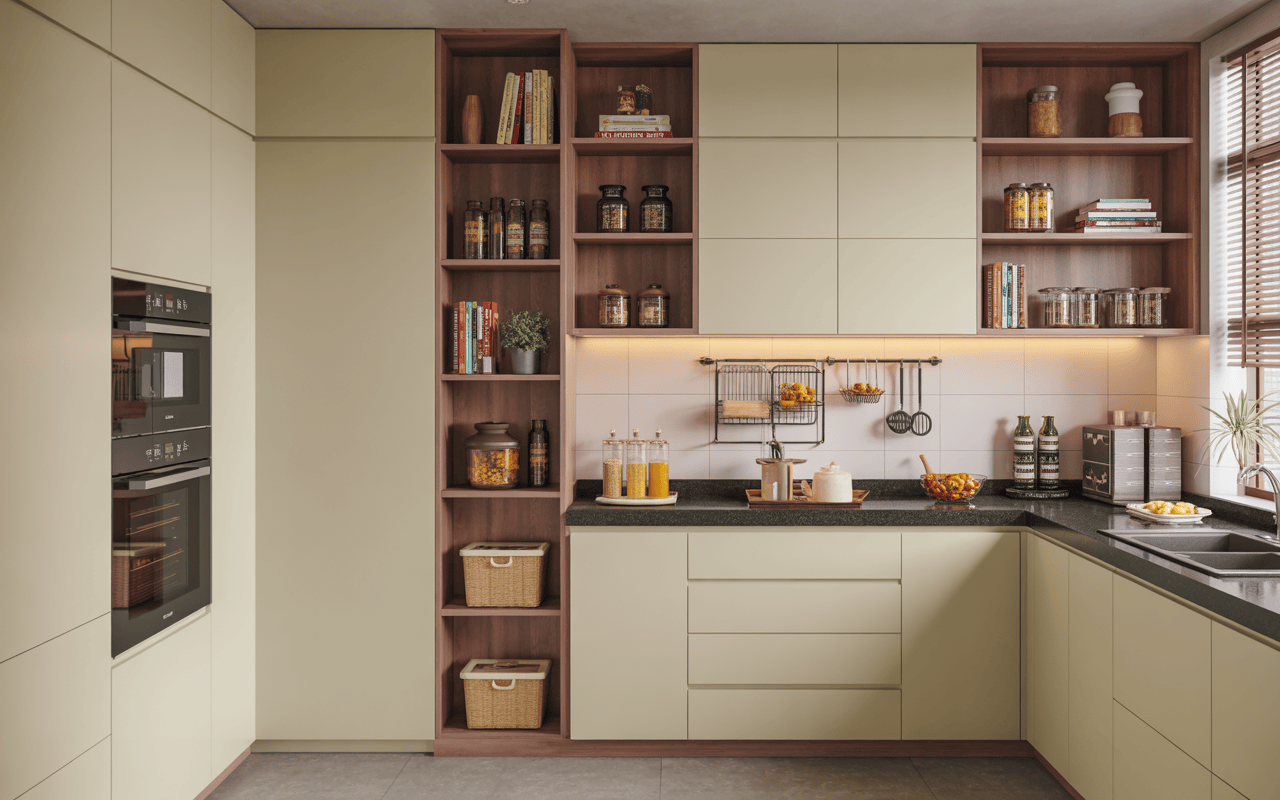 Organized small kitchen design with beige cabinets and vertical open shelving