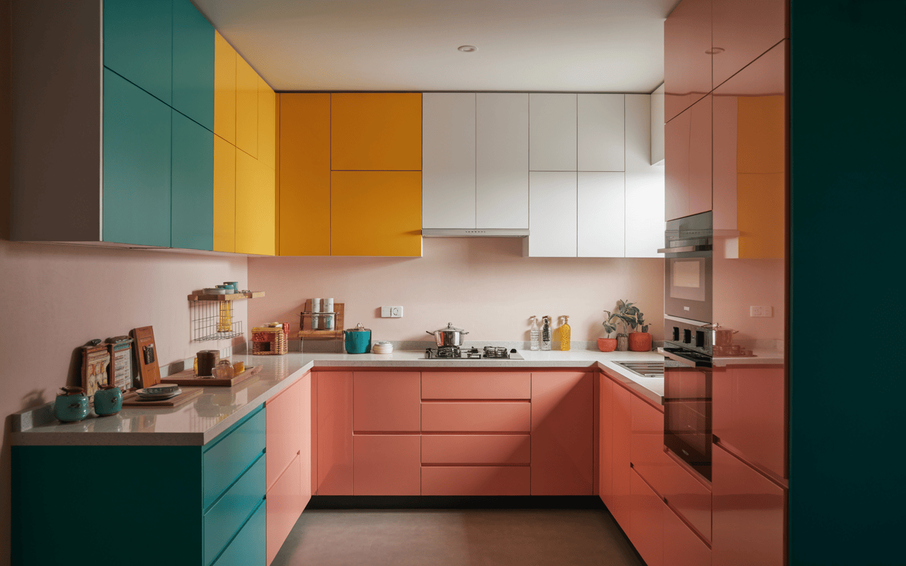 Colorful small kitchen design with pink, teal, and yellow modern cabinets