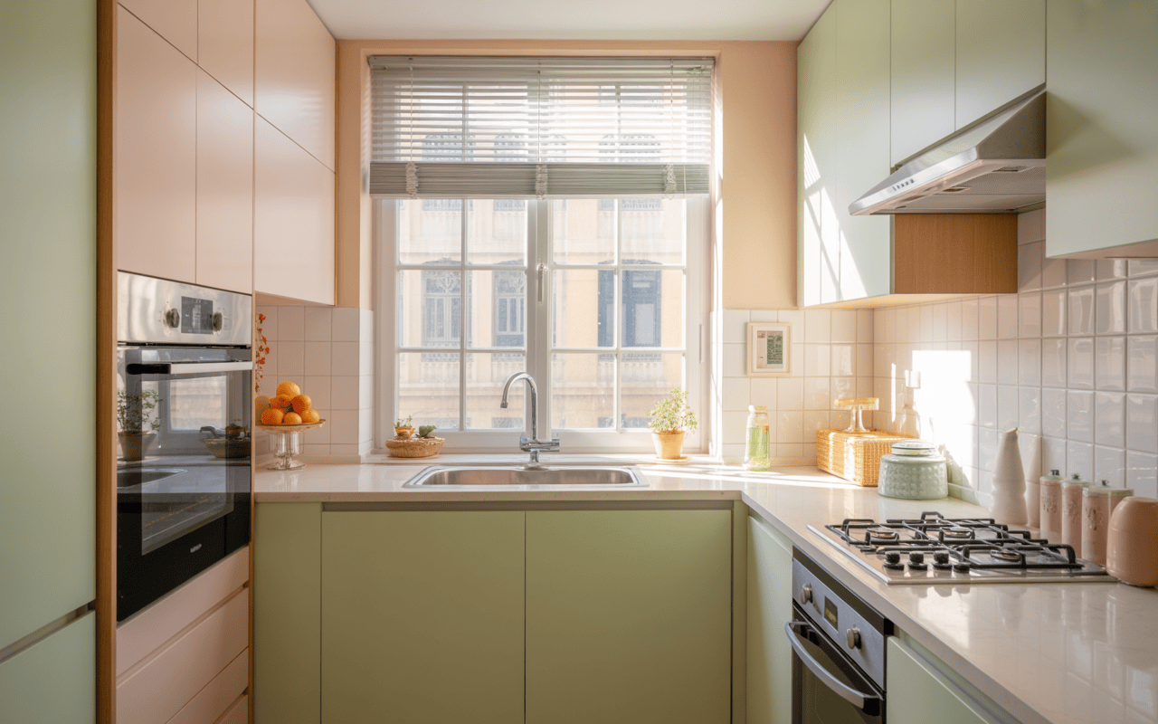 Sunny small kitchen design with pastel cabinets and large window lighting