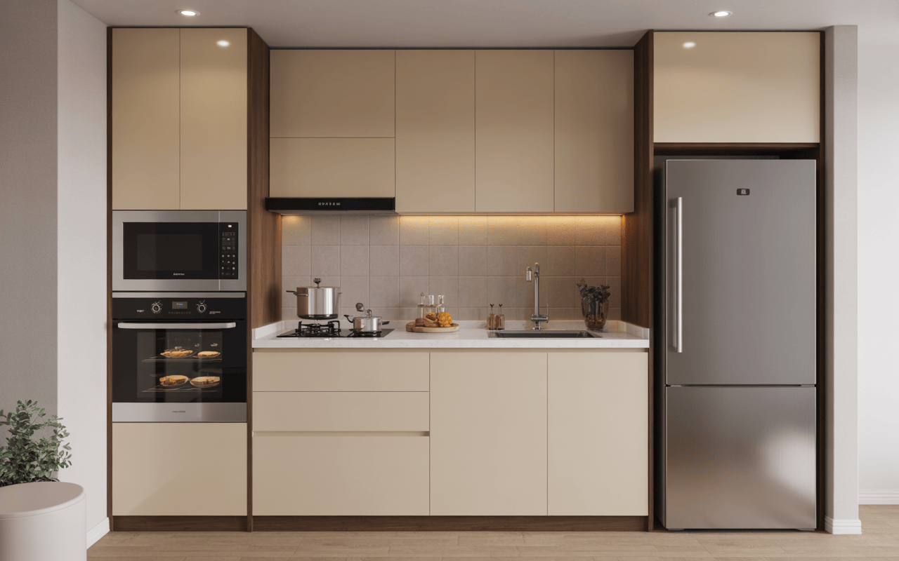 Compact small kitchen design with built-in appliances and soft beige finish