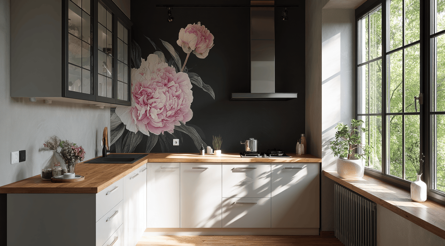 Elegant small kitchen design with floral wall art and natural sunlight