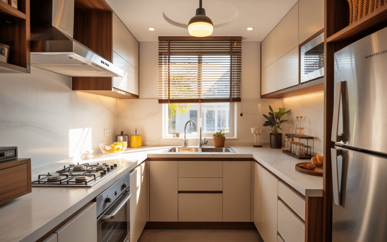 Bright small kitchen design with U-shape layout and warm wood accents