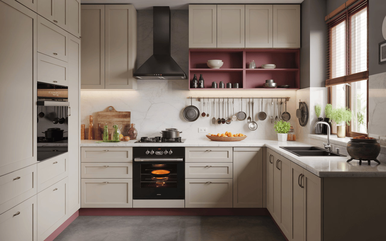 Elegant small kitchen design with beige cabinets and wall-mounted utensils
