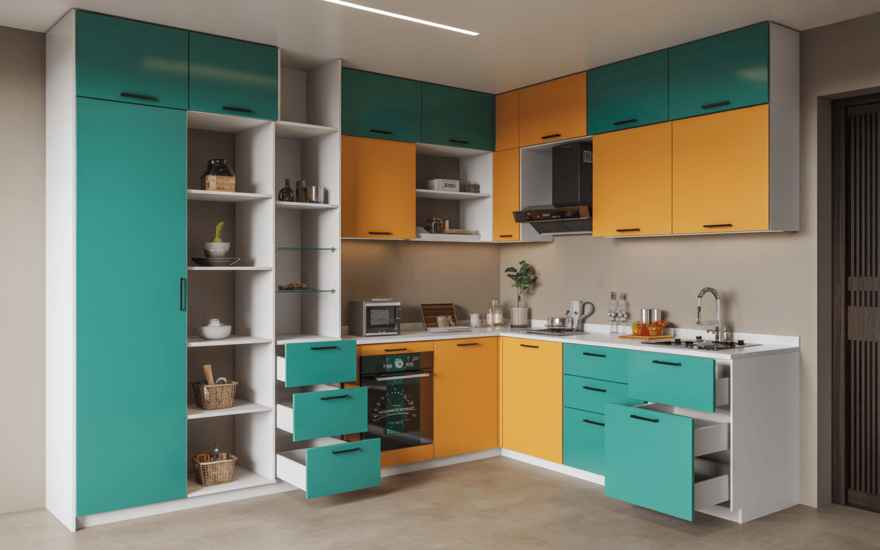 Colorful small kitchen design with teal-yellow modular cabinets and drawers