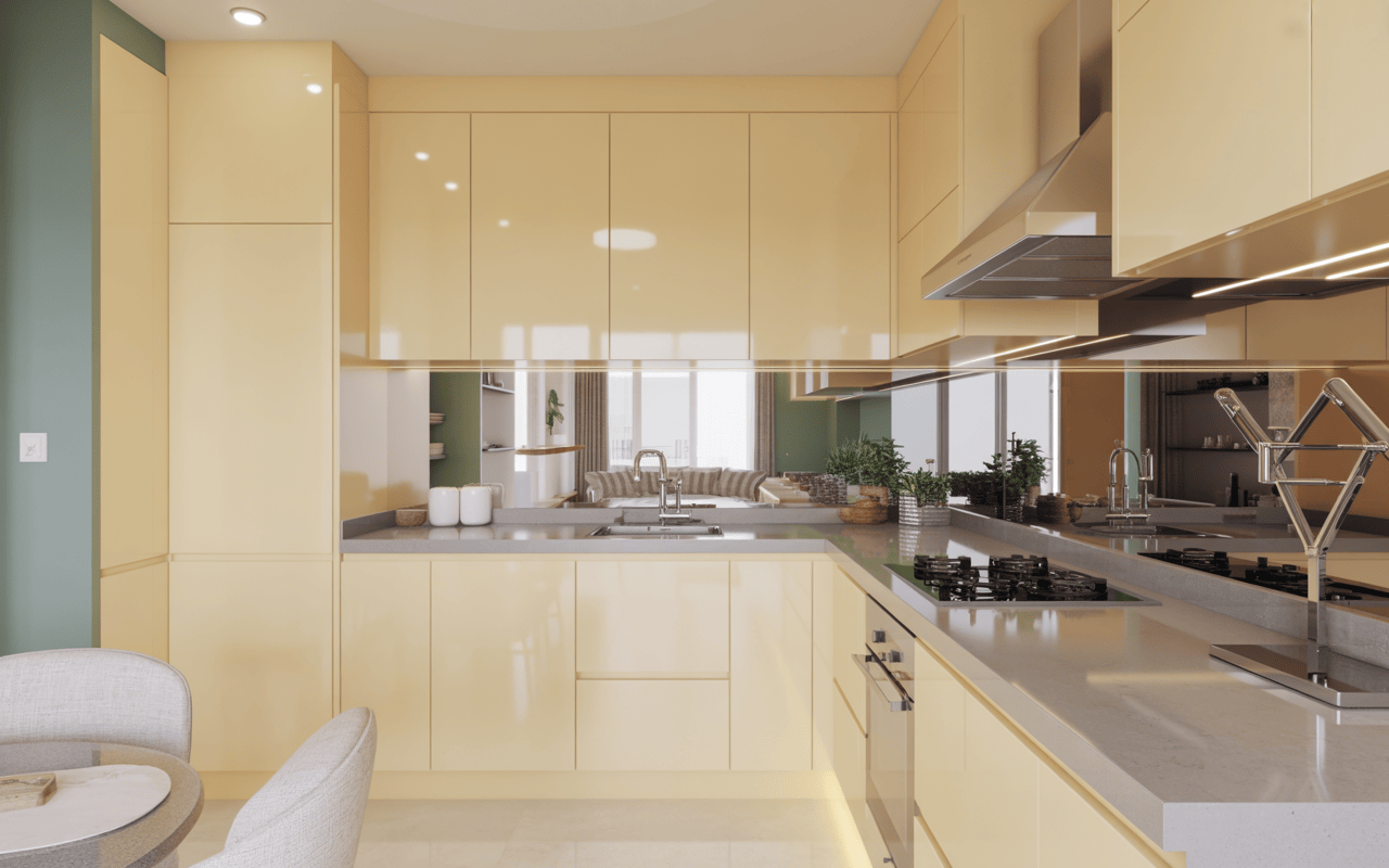Glossy small kitchen design with handleless cabinets and modern finish