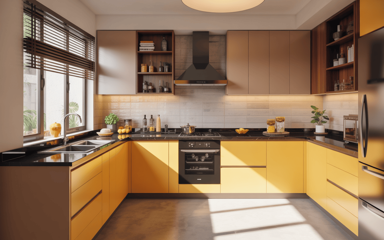 Bright small kitchen design with yellow cabinets and natural light flow