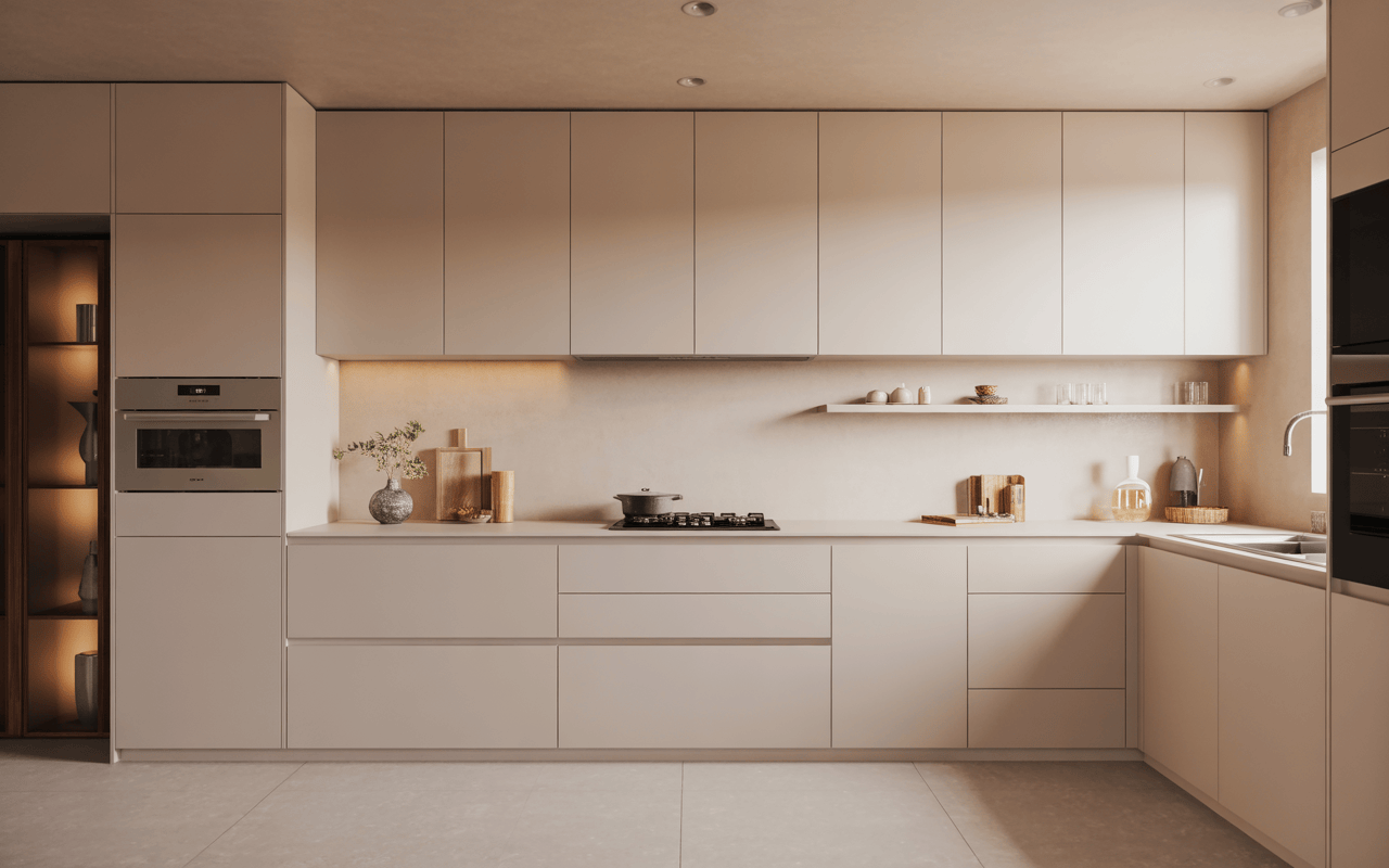 Minimalist modern kitchen styles with soft beige tones and books