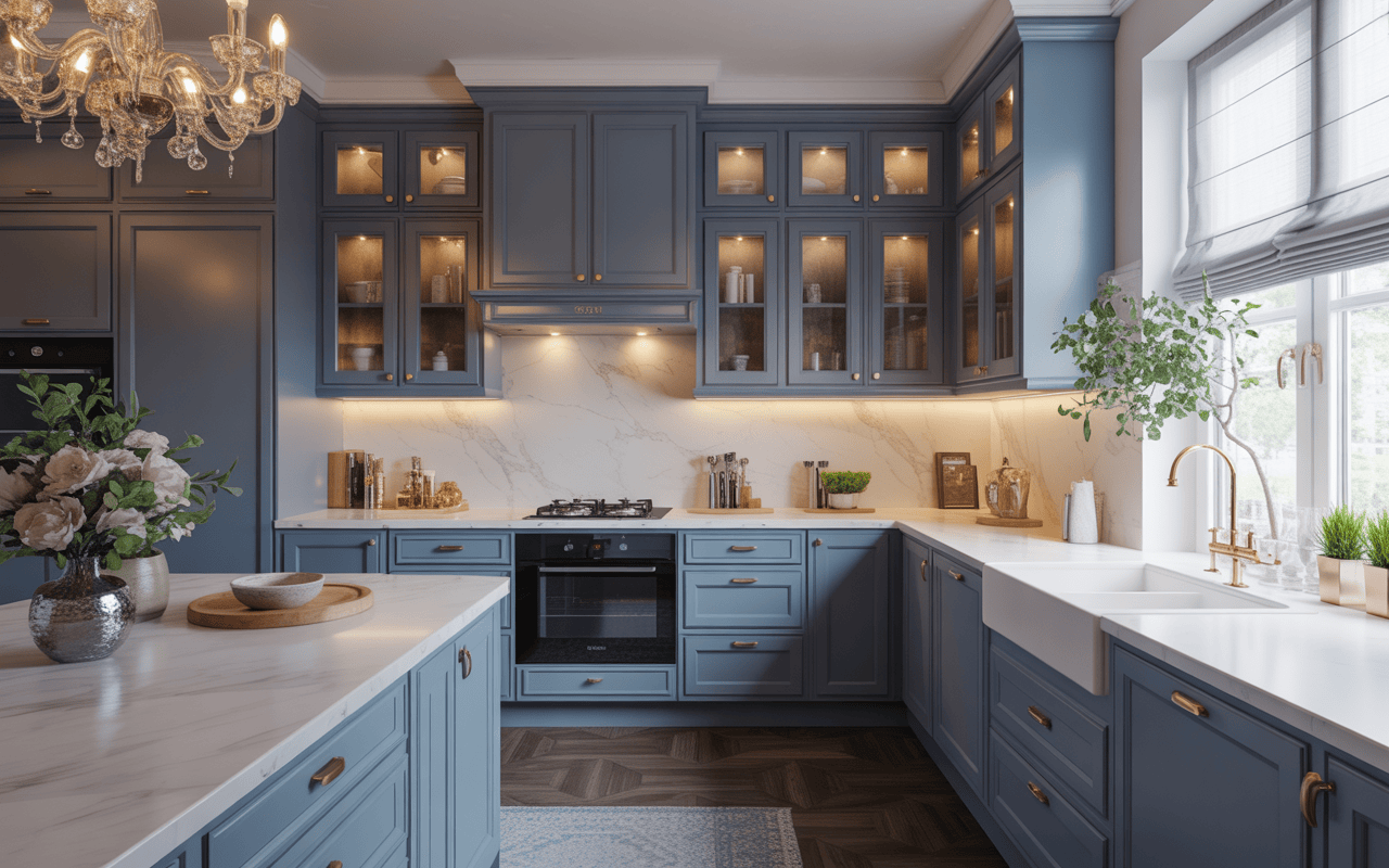 Elegant modern kitchen styles with navy cabinets and gold accents