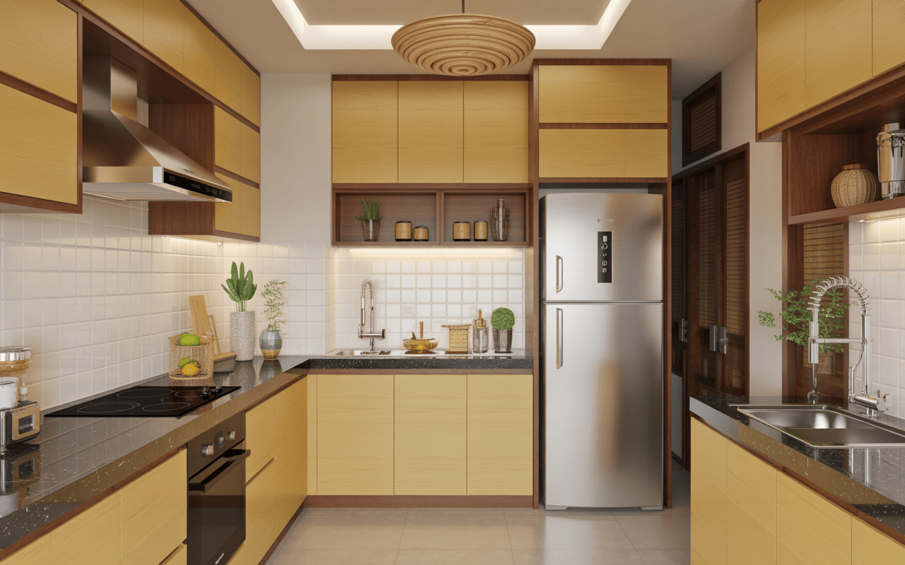 Compact modern kitchen styles with wood cabinets and lighting