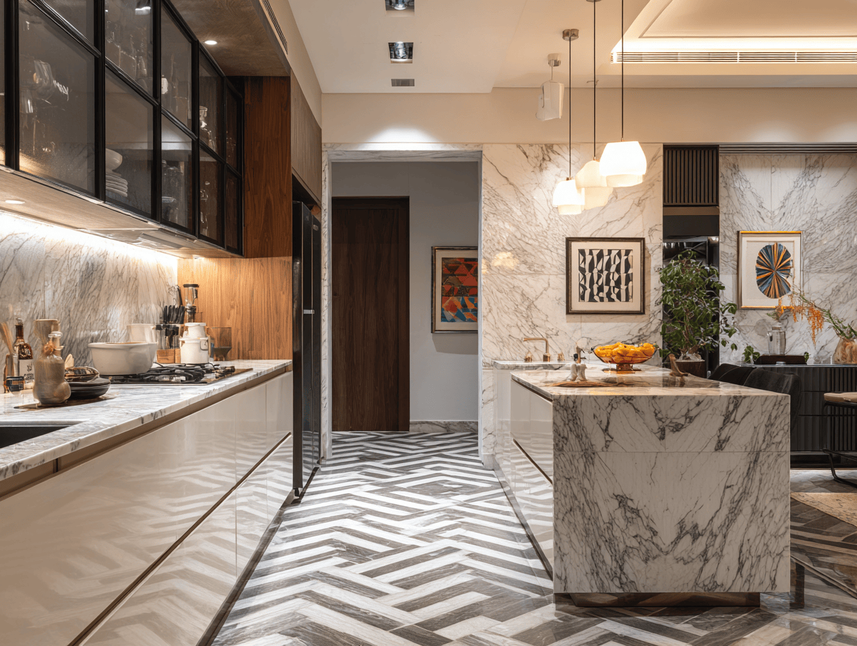 Stylish kitchen marble design with bold textures and warm lighting
