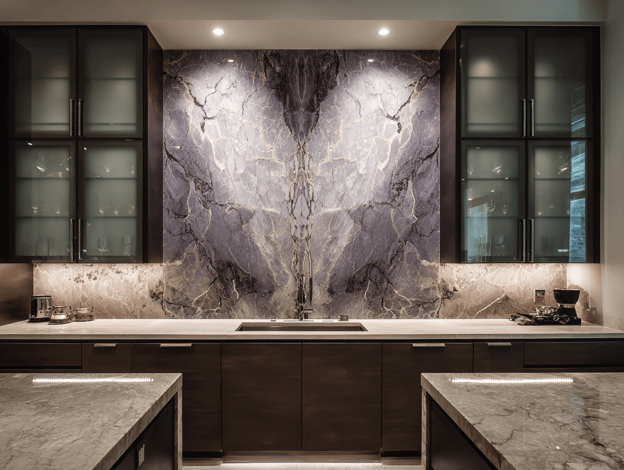 Bold kitchen marble design with dark tones and artistic veining