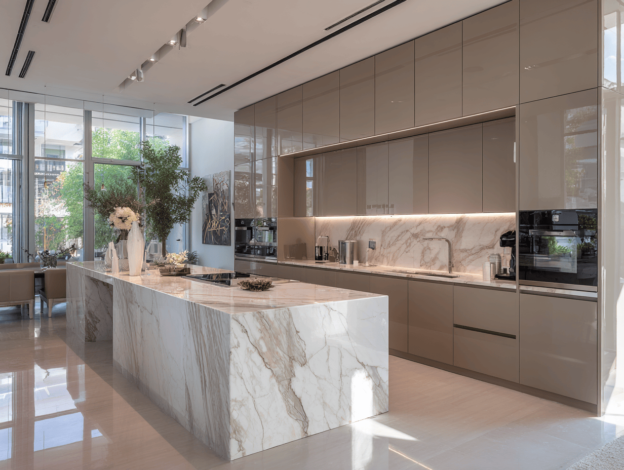 Minimalist kitchen marble design with sleek high-gloss cabinetry