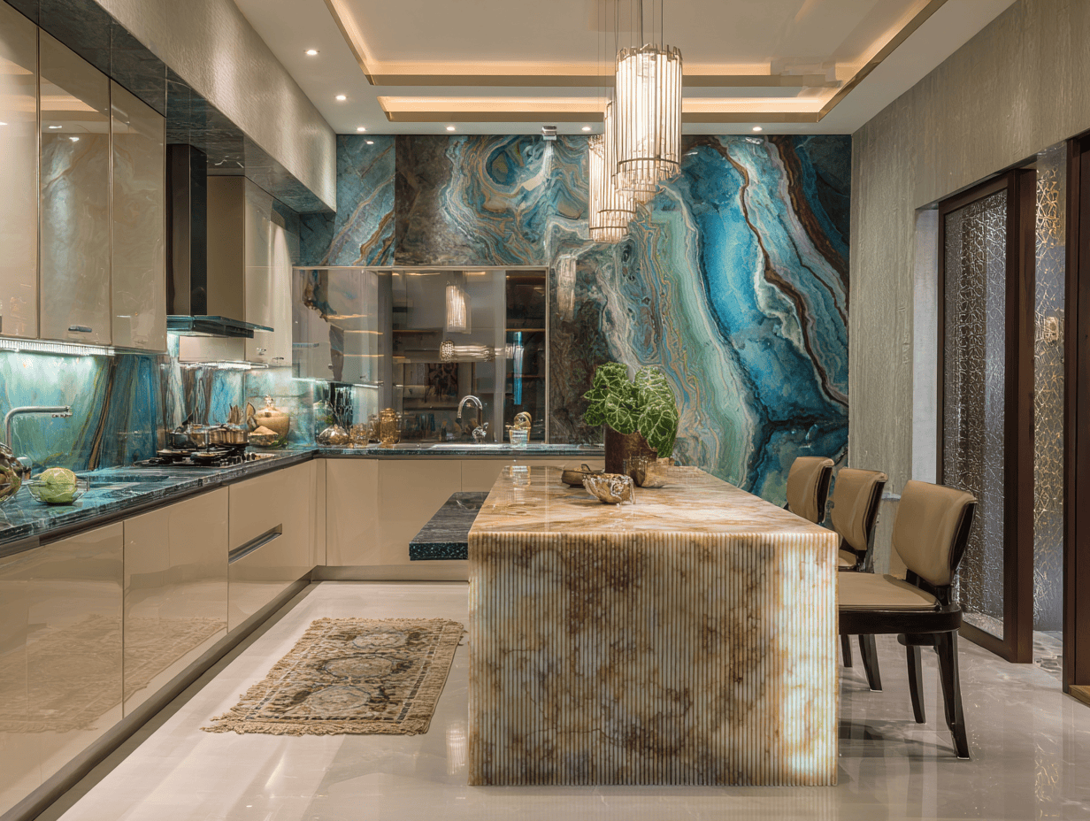 Vibrant kitchen marble design with glowing island and blue accents