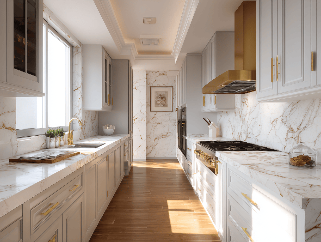 Luxurious kitchen marble design with gold accents and bright light