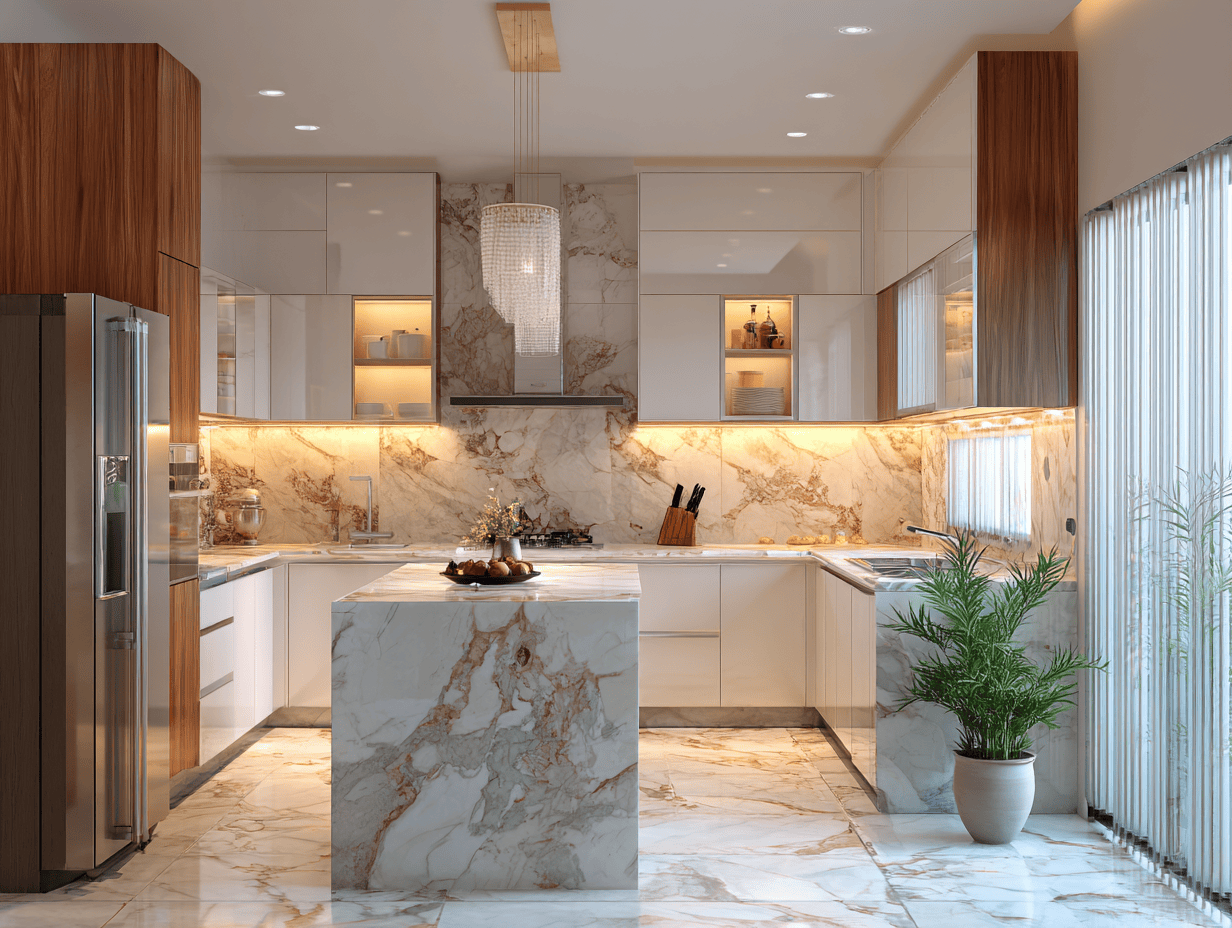 Elegant kitchen marble design with modern wood and gold finishes