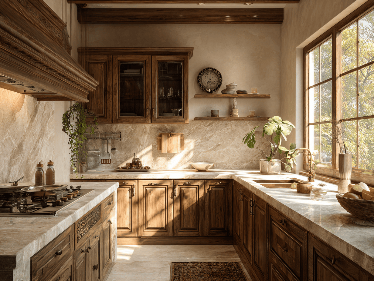 Rustic kitchen marble design with natural wood and earthy tones