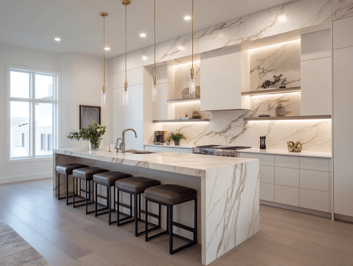 Bright kitchen marble design with white tones and open shelving