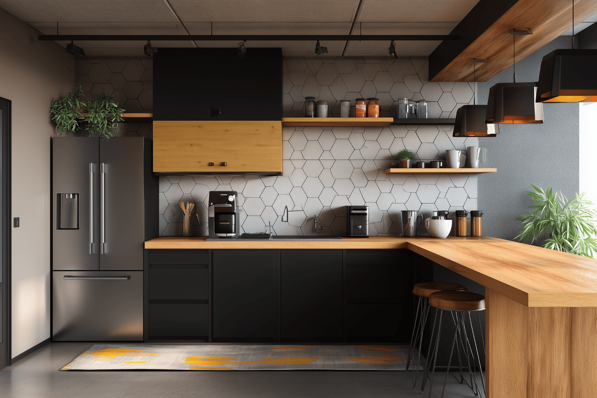 Stylish L shaped kitchen design with wood and matte black finish