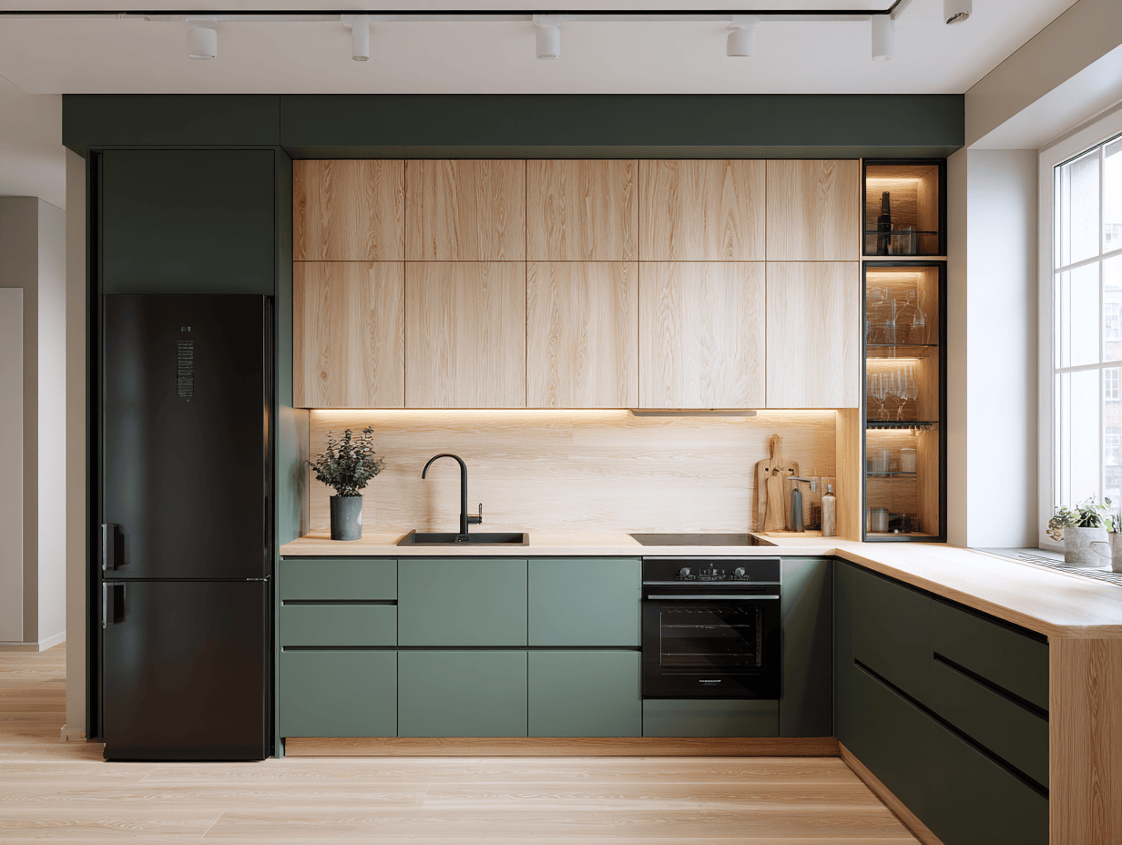 Elegant L shaped kitchen design with matte green and wood finish
