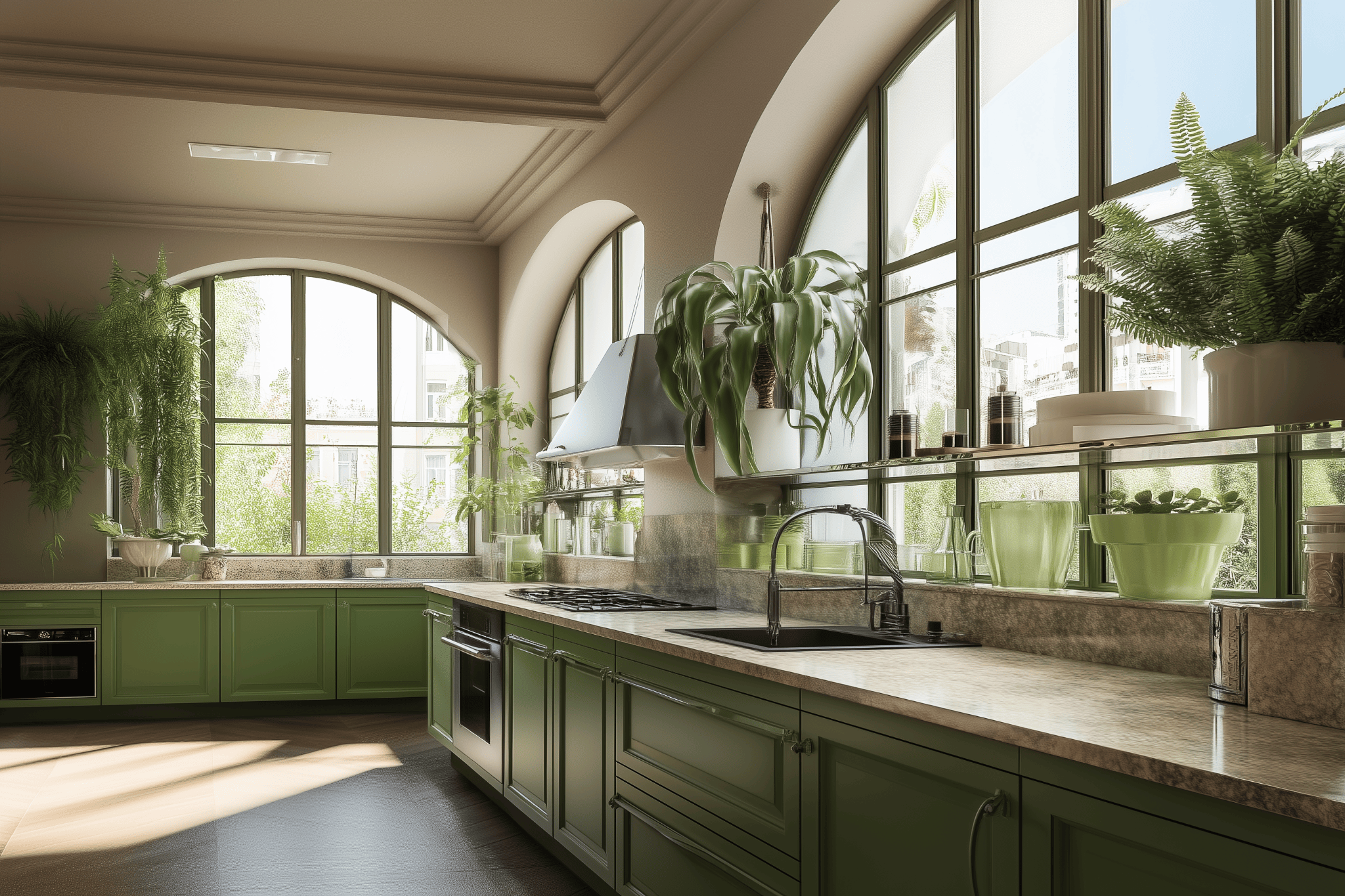 Refreshing L shaped kitchen design with green cabinets and plants