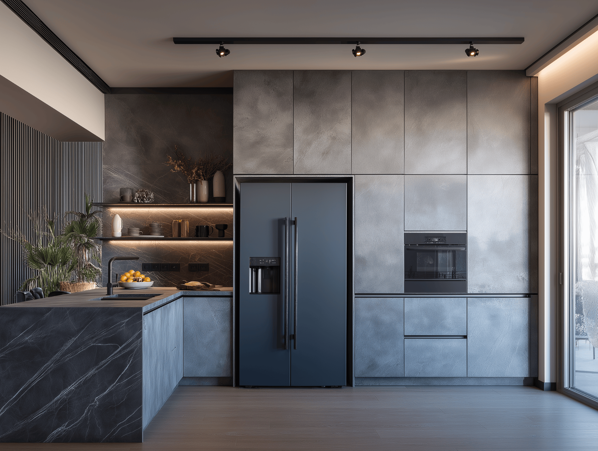 Sleek L shaped kitchen design with matte grey modern finish