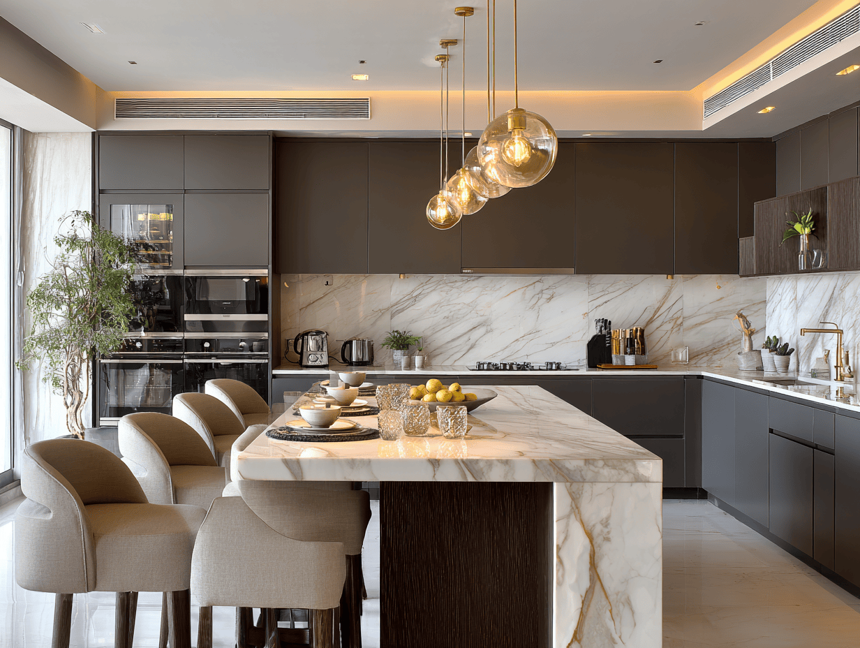 Elegant L shaped kitchen design with marble island and lights