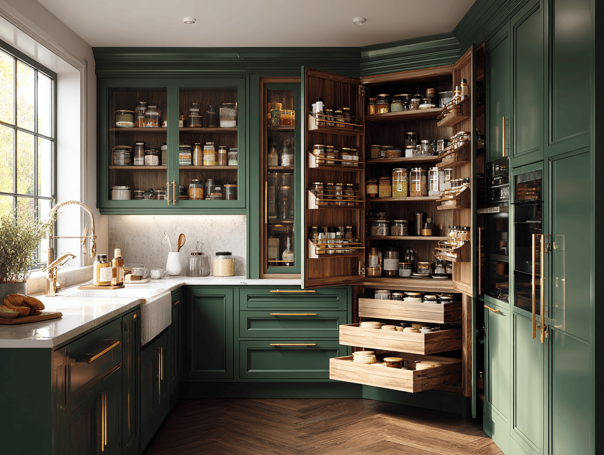 Organized L shaped kitchen design with deep pantry storage space