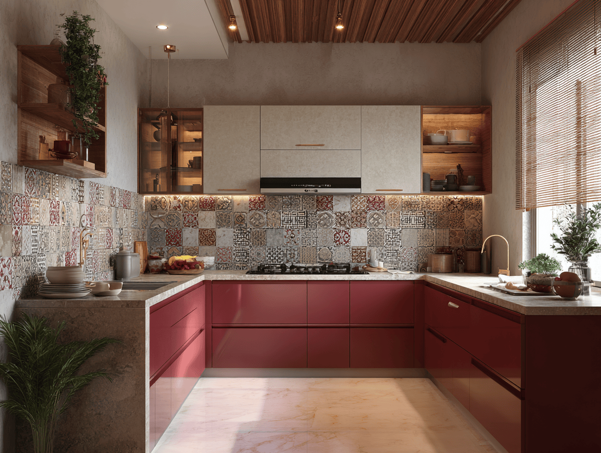 Charming L shaped kitchen design with red cabinets and tiles