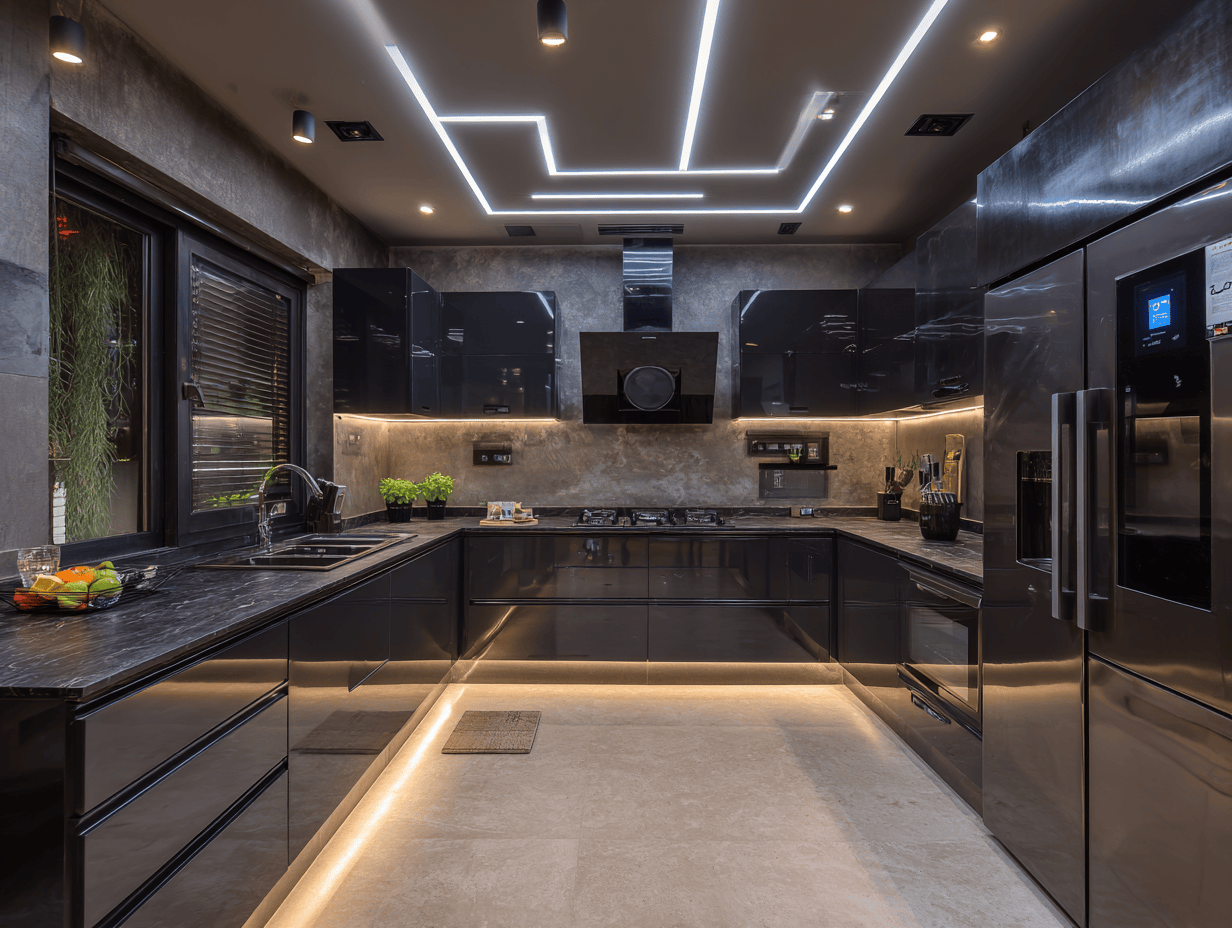 Modern L shaped kitchen design with black glossy cabinet finish