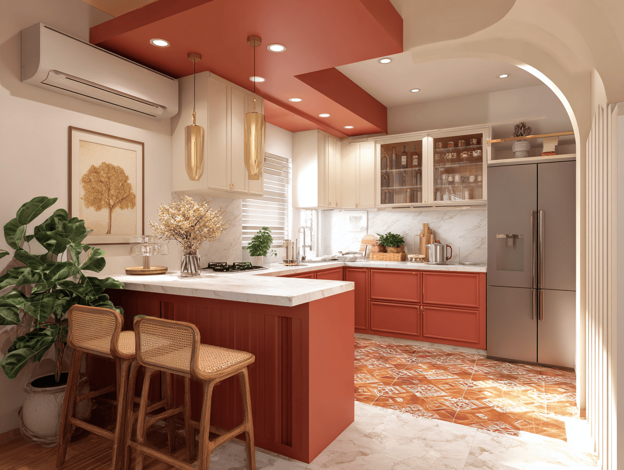 Warm L shaped kitchen design with cozy earthy tone palette