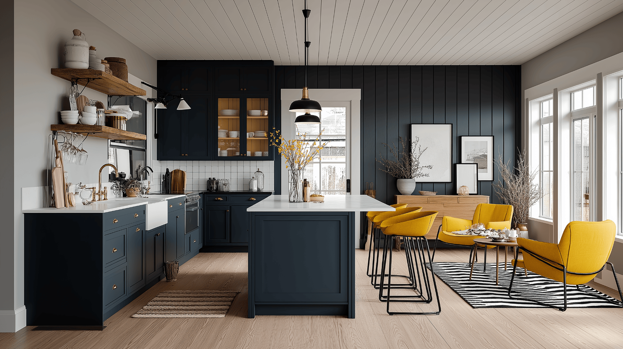 Stylish L shaped kitchen design with bold navy and yellow accents