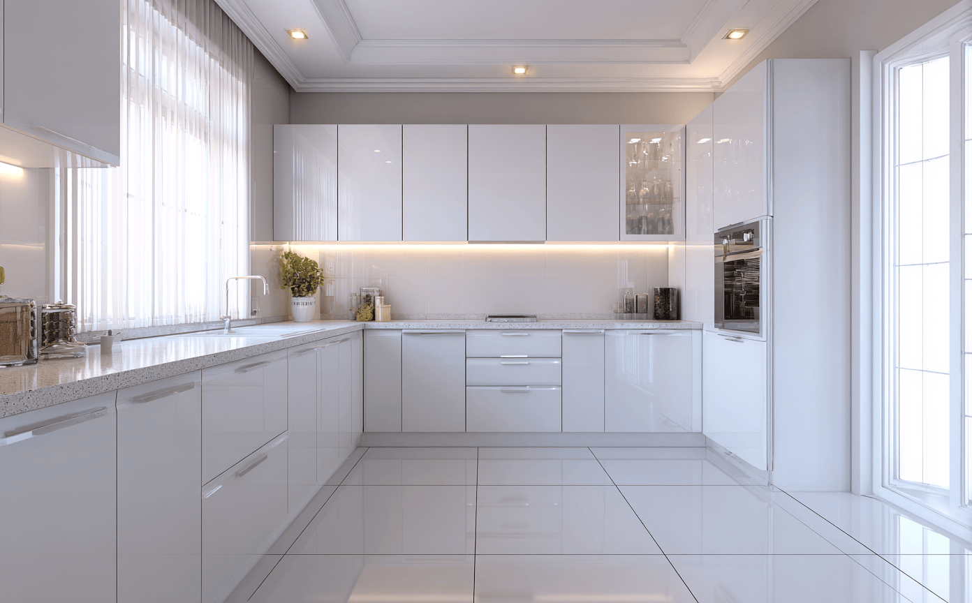 Minimalist L shaped kitchen design in glossy white finish