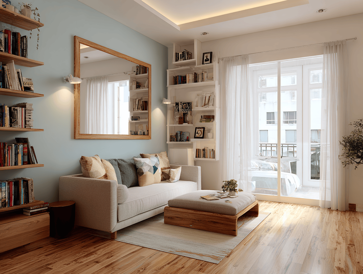 Bright living room style with bookshelves and natural light