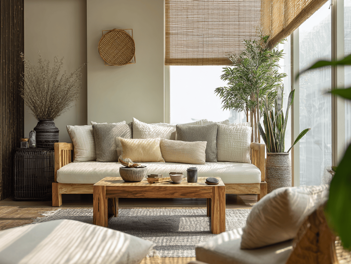 Earthy living room style with natural decor and wooden furniture