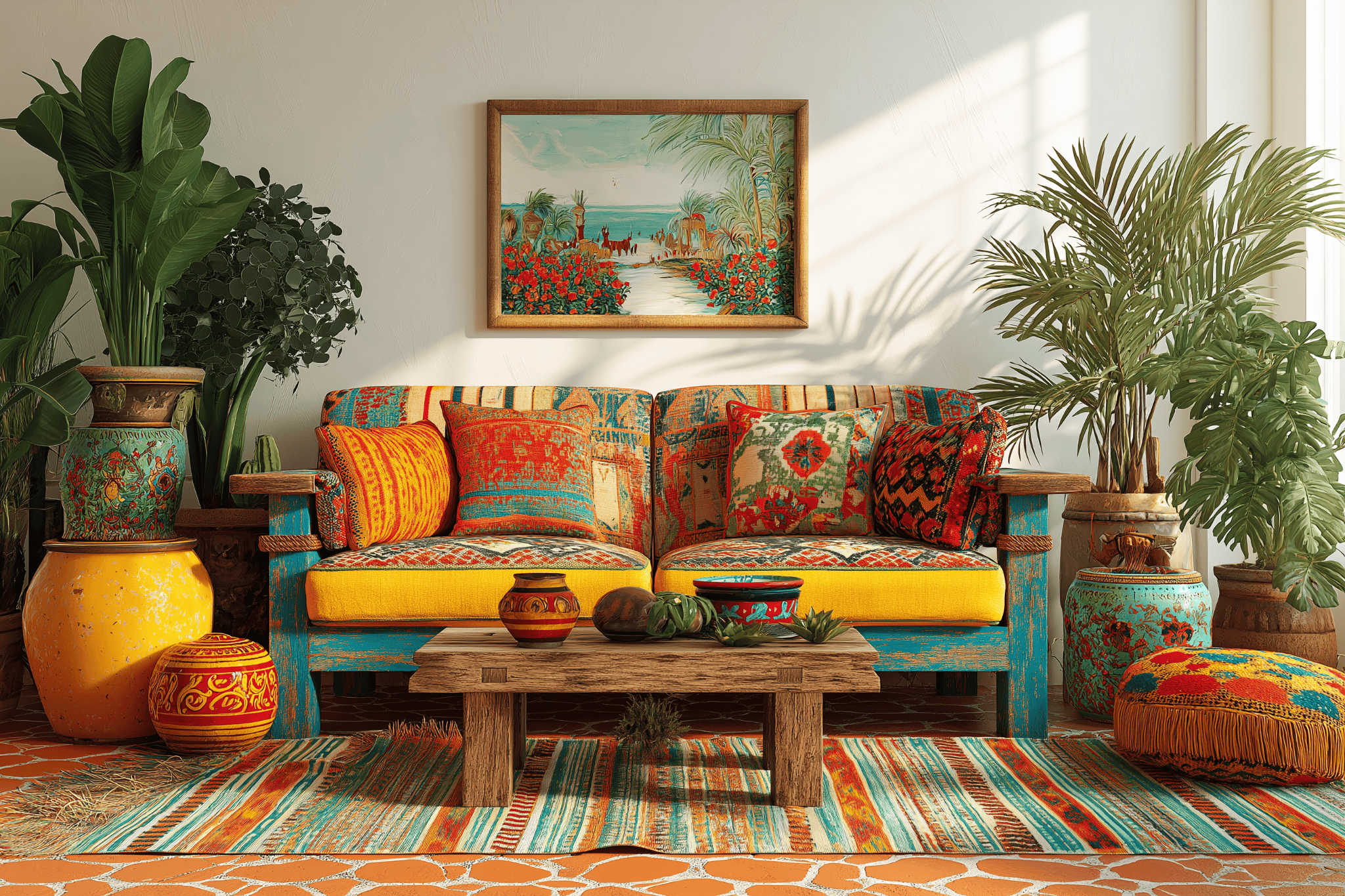 Boho style living room design with colorful textiles and earthy decor 